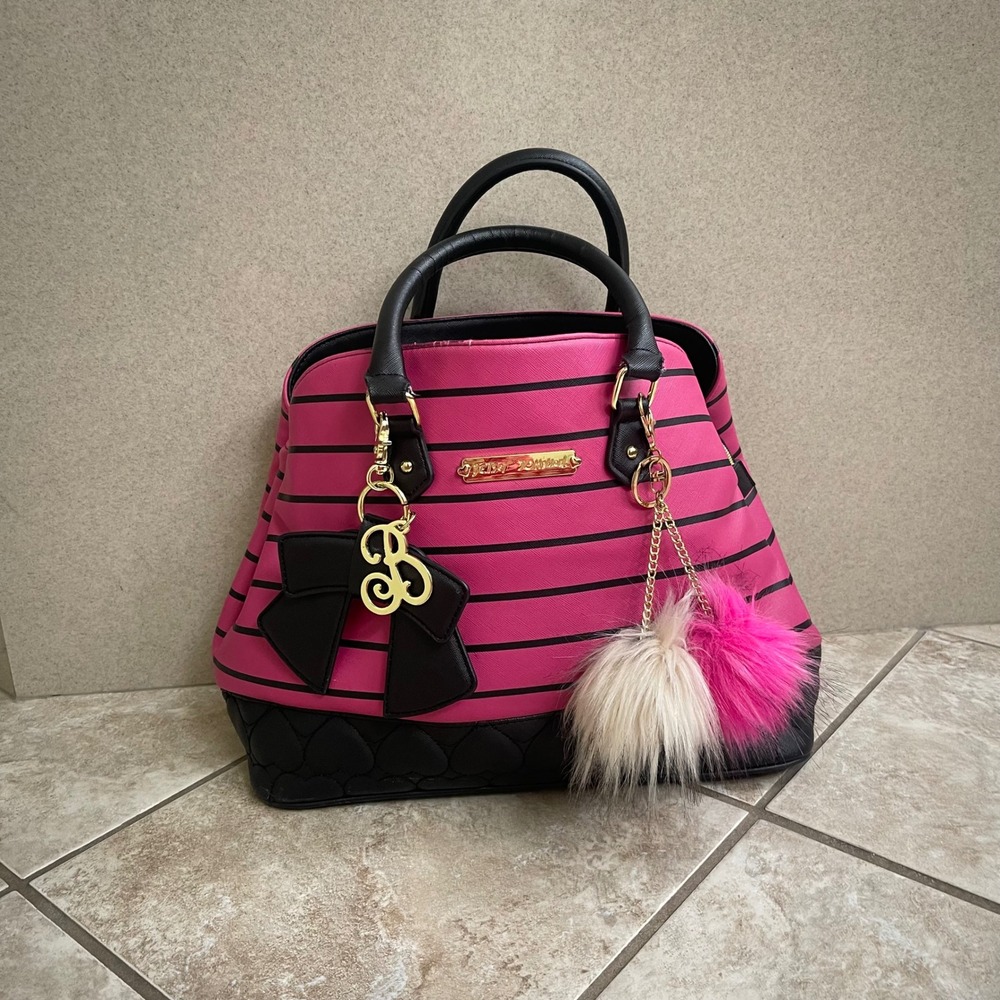 Betsey Johnson Pink Black Striped Satchel Heart Quilted Bow Pom Pom Handbag - Picture 3 of 12